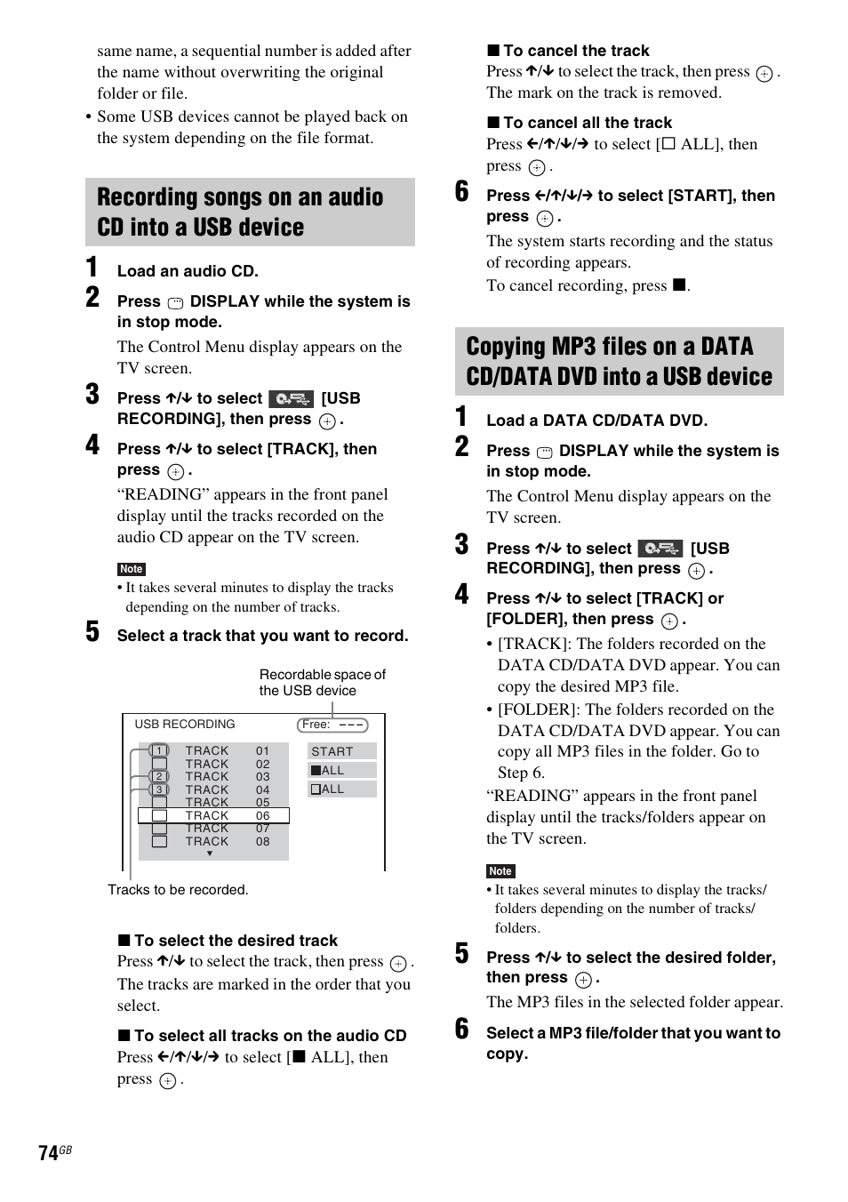 Recording songs on an audio cd into a usb device | Sony DAV-DZ270 User Manual | Page 74 / 112