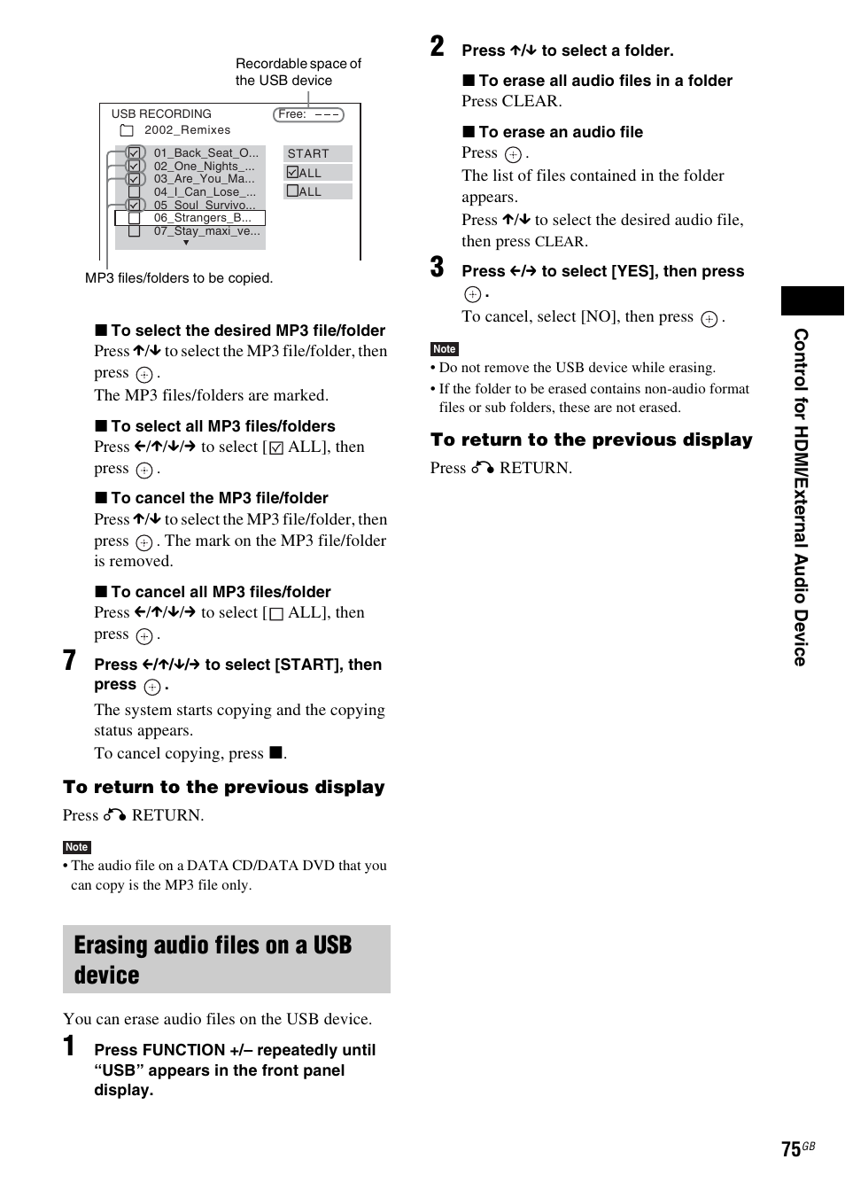 Erasing audio files on a usb device | Sony DAV-DZ270 User Manual | Page 75 / 112