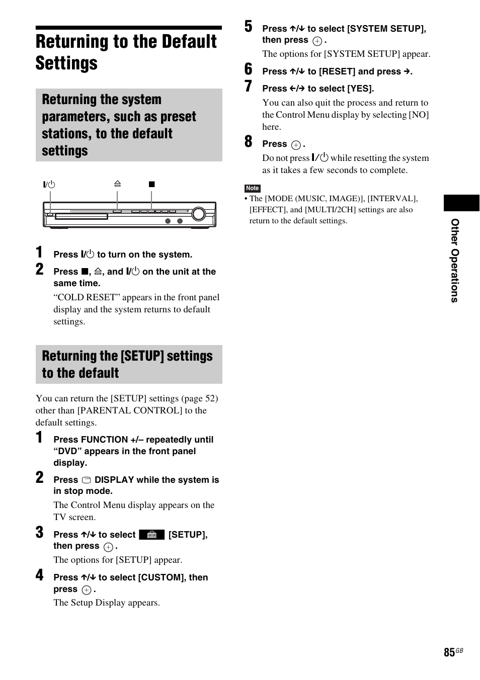 Returning to the default settings, Returning the [setup] settings to the default | Sony DAV-DZ270 User Manual | Page 85 / 112