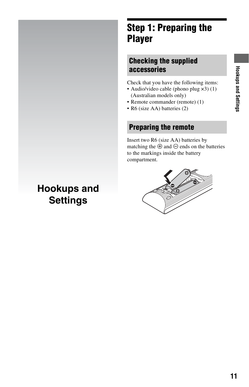 Hookups and settings, Step 1: preparing the player, Hookups and settings step 1: preparing the player | Sony 4-188-206-11(1) User Manual | Page 11 / 39