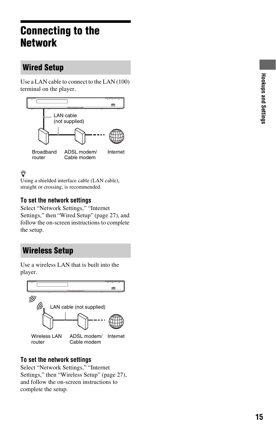 Connecting to the network, Wired setup wireless setup | Sony 4-188-206-11(1) User Manual | Page 15 / 39
