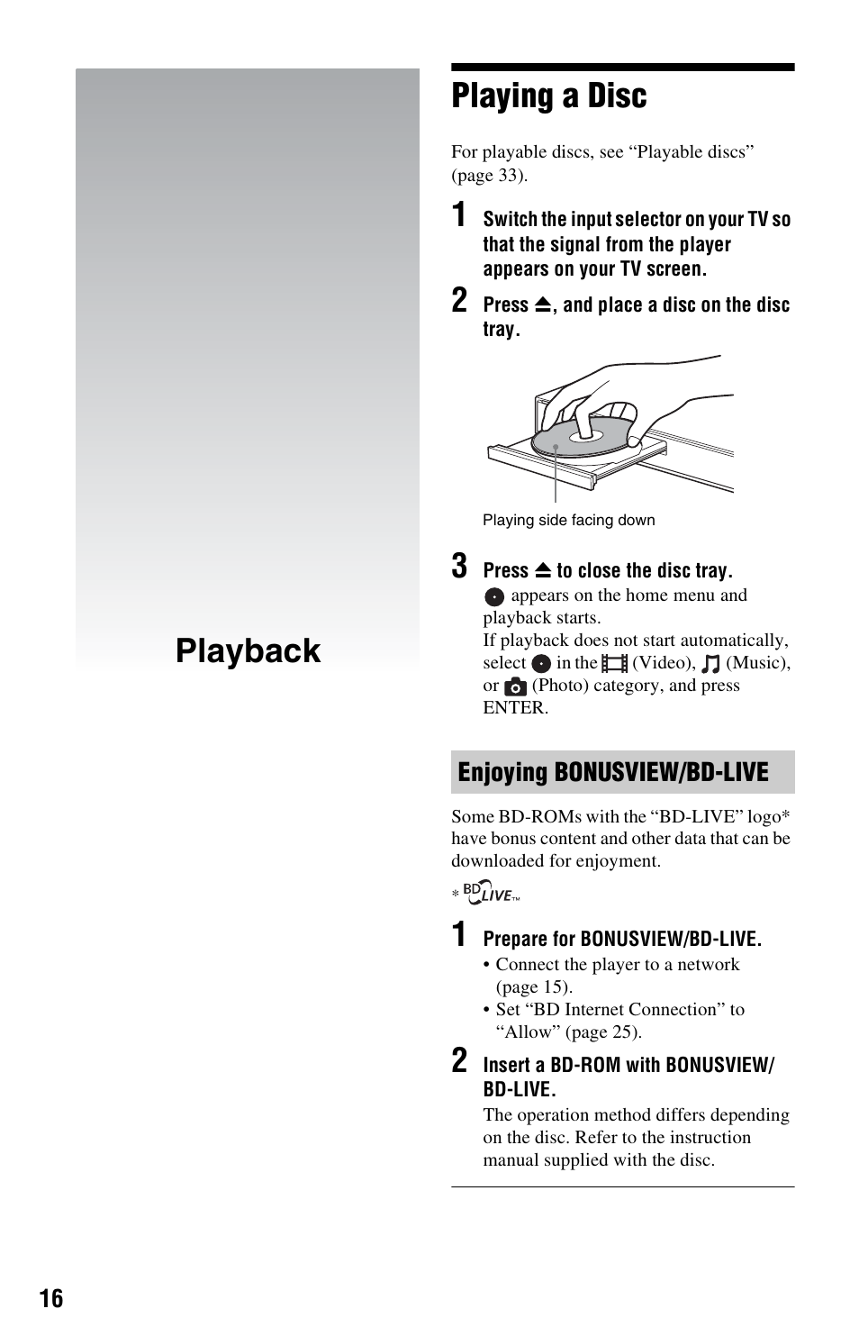 Playback, Playing a disc, Playback playing a disc | Enjoying bonusview/bd-live | Sony 4-188-206-11(1) User Manual | Page 16 / 39