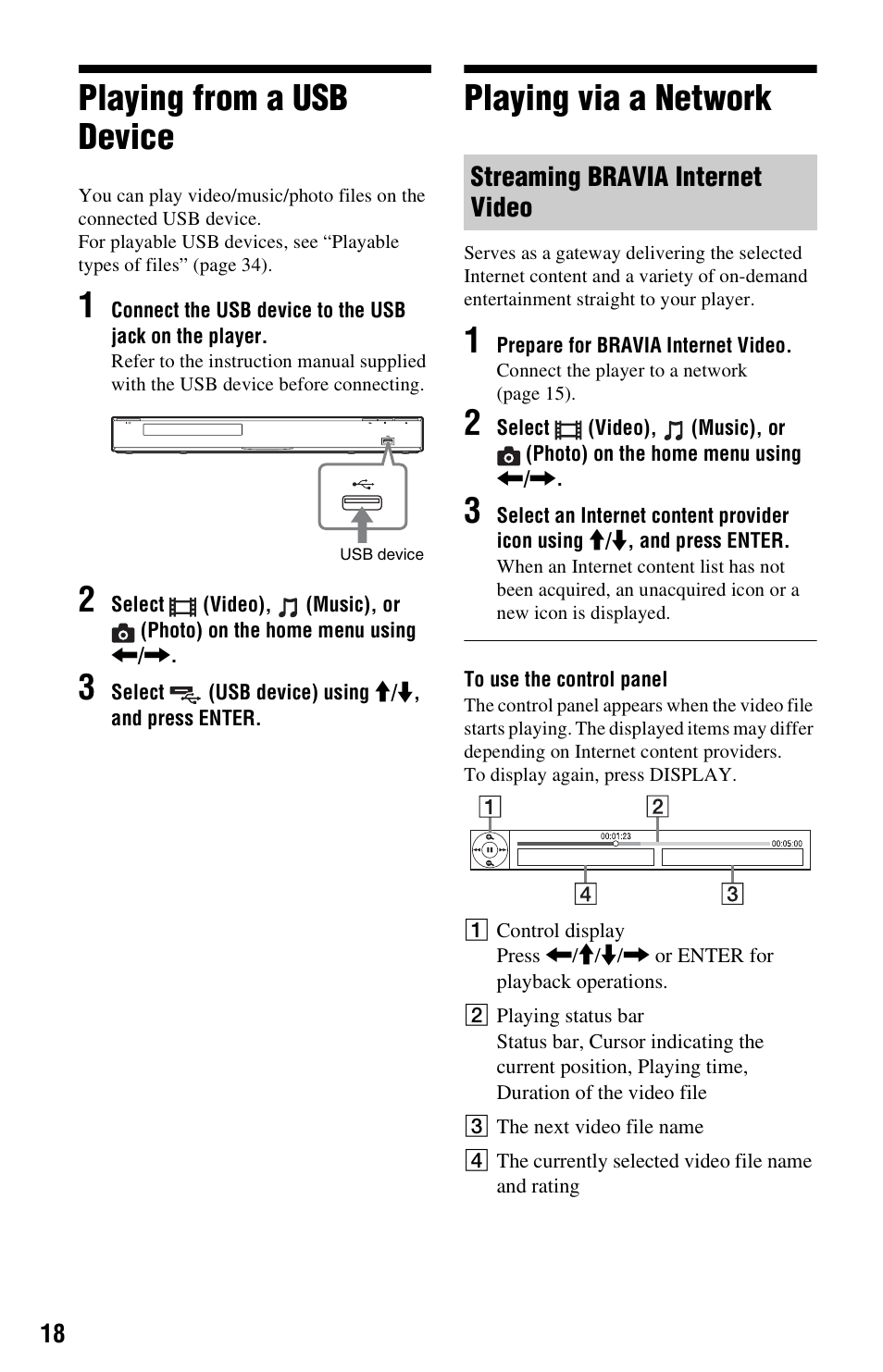 Playing from a usb device, Playing via a network, Playing from a usb device playing via a network | Sony 4-188-206-11(1) User Manual | Page 18 / 39