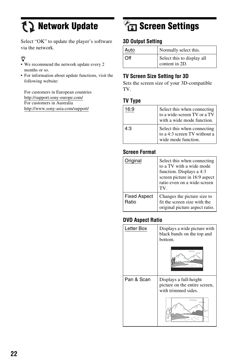 Network update, Screen settings, Network update screen settings | Sony 4-188-206-11(1) User Manual | Page 22 / 39