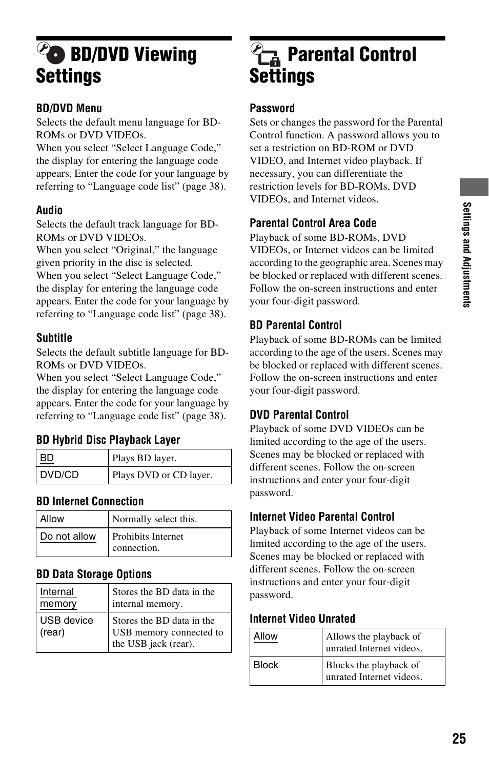 Bd/dvd viewing settings, Parental control settings, Bd/dvd viewing settings parental control settings | Sony 4-188-206-11(1) User Manual | Page 25 / 39