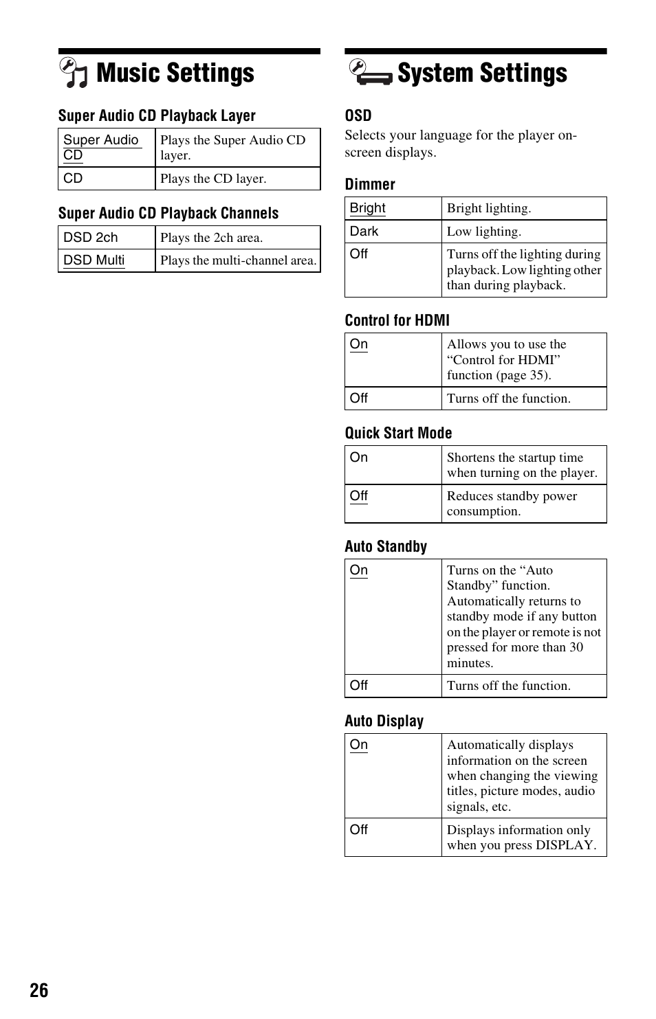 Music settings, System settings, Music settings system settings | Sony 4-188-206-11(1) User Manual | Page 26 / 39