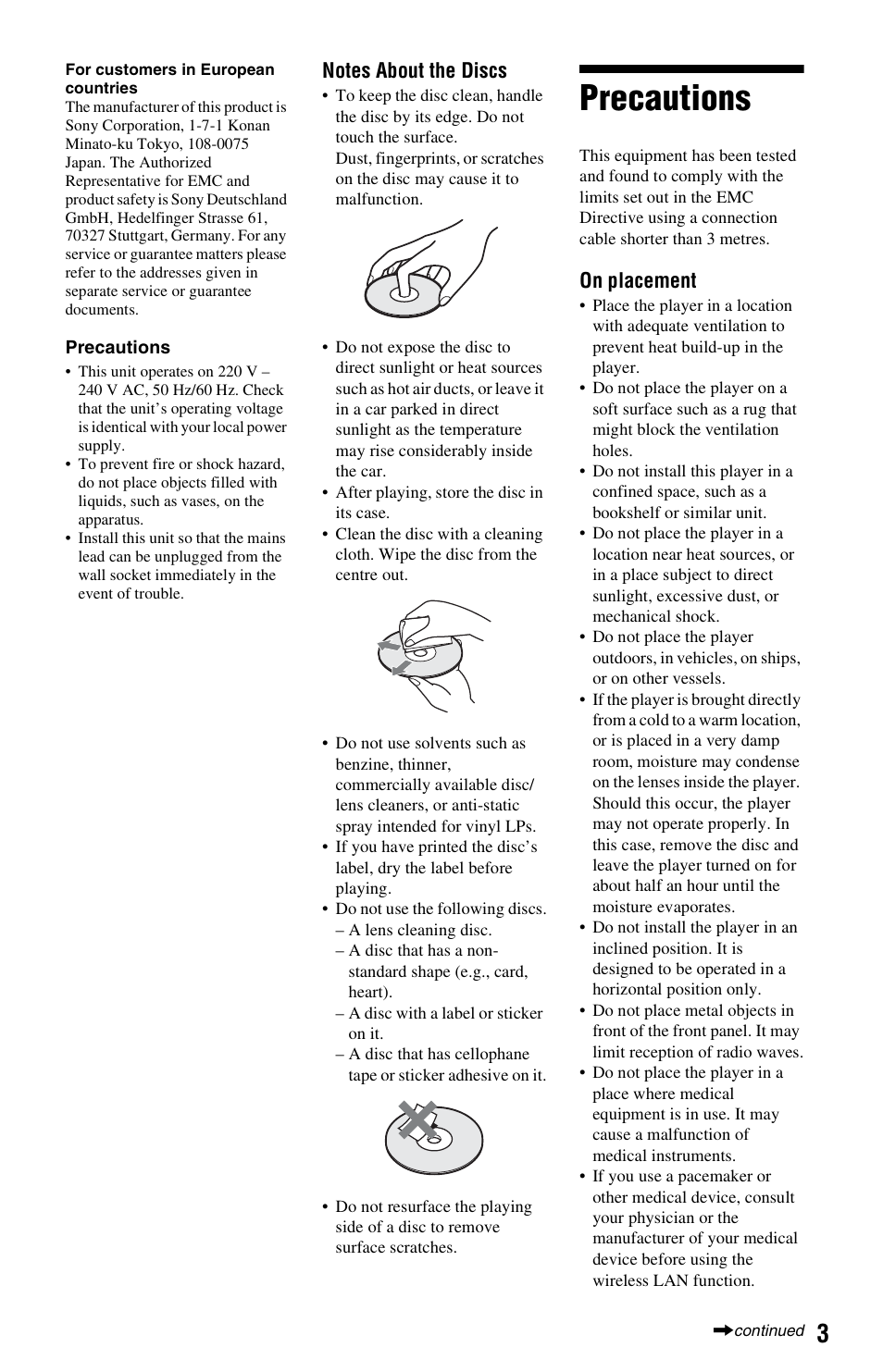 Precautions, On placement | Sony 4-188-206-11(1) User Manual | Page 3 / 39