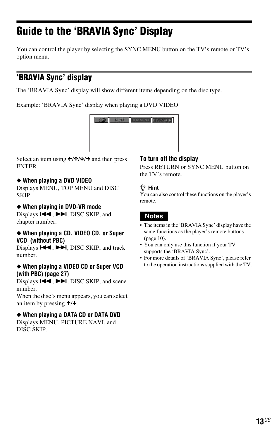 L1ac - guide to the ‘bravia sync’ display, Guide to the ‘bravia sync’ display, Bravia sync’ display | Sony DVP-NC800H User Manual | Page 13 / 88