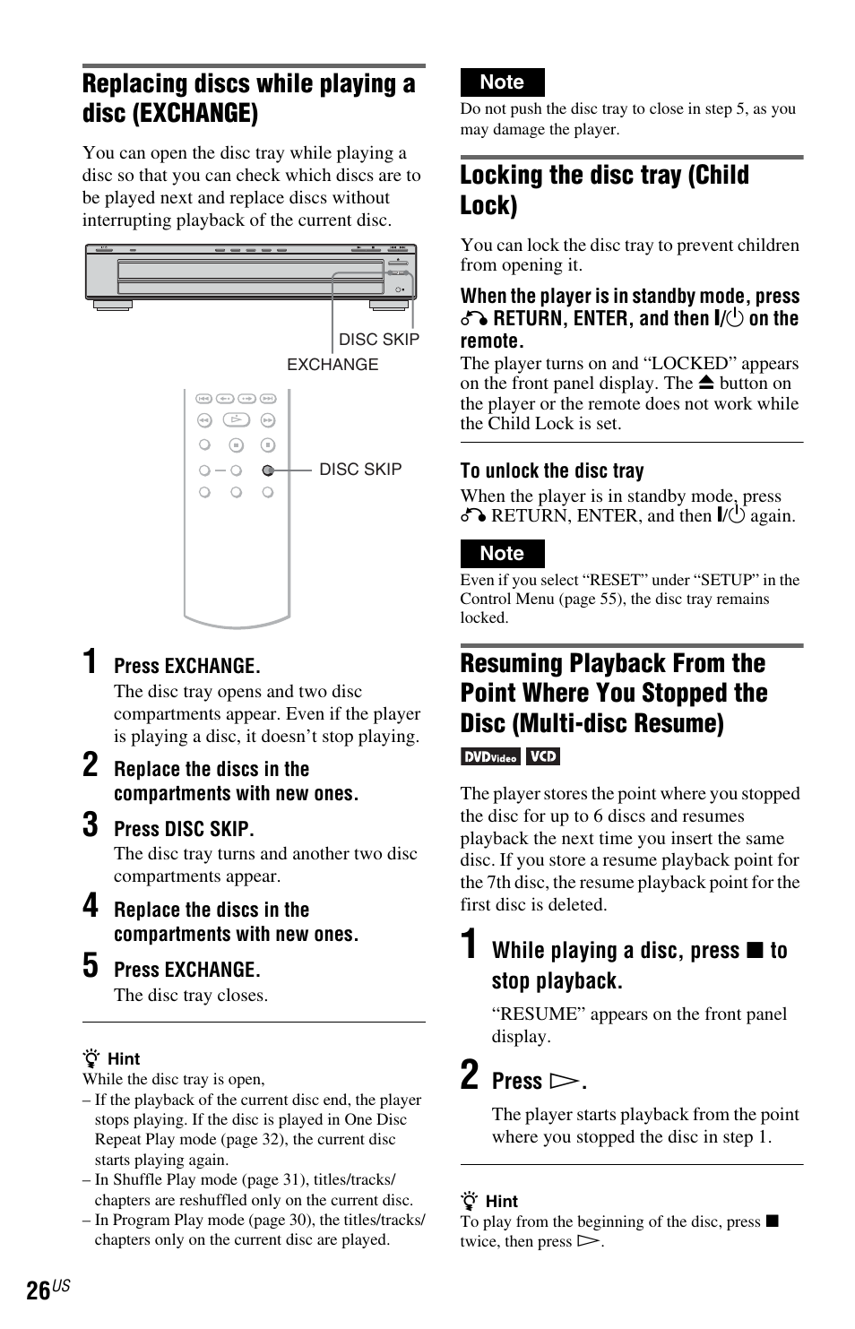 Button (26), Replacing discs while playing a disc (exchange), Locking the disc tray (child lock) | Sony DVP-NC800H User Manual | Page 26 / 88