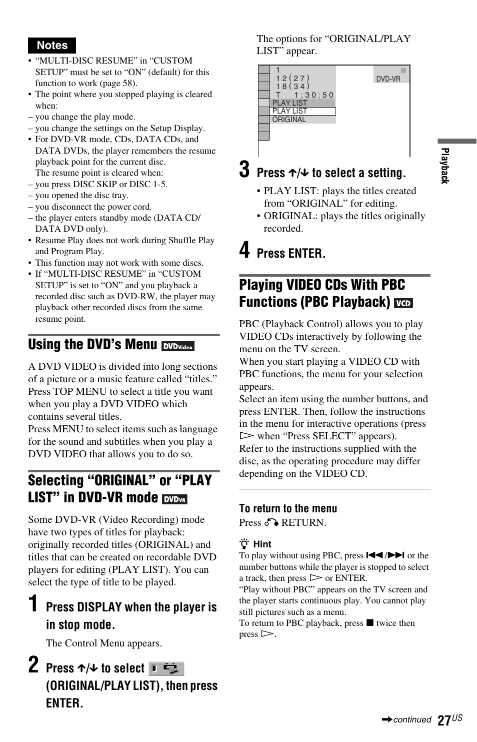 Menu button (27), N (27, Using the dvd’s menu | Selecting “original” or “play list” in dvd-vr mode | Sony DVP-NC800H User Manual | Page 27 / 88