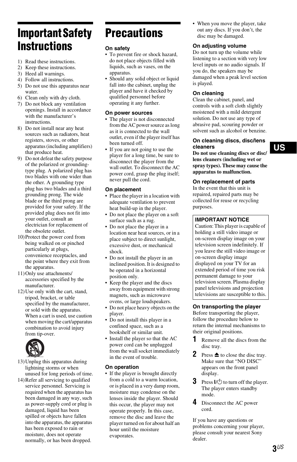 L1 - important safety instructions, L1 - precautions, Important safety instructions | Precautions | Sony DVP-NC800H User Manual | Page 3 / 88