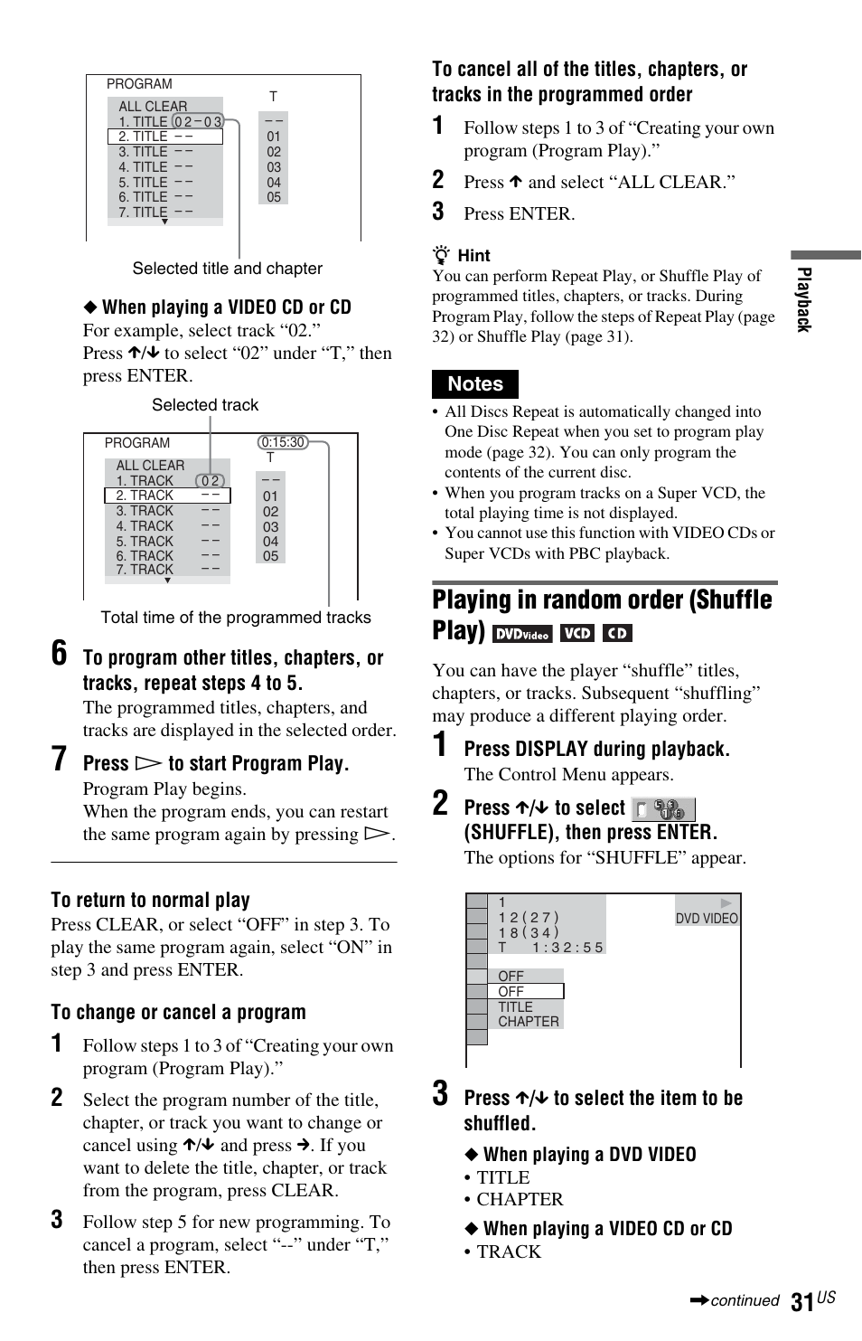 Playing in random order (shuffle play) | Sony DVP-NC800H User Manual | Page 31 / 88