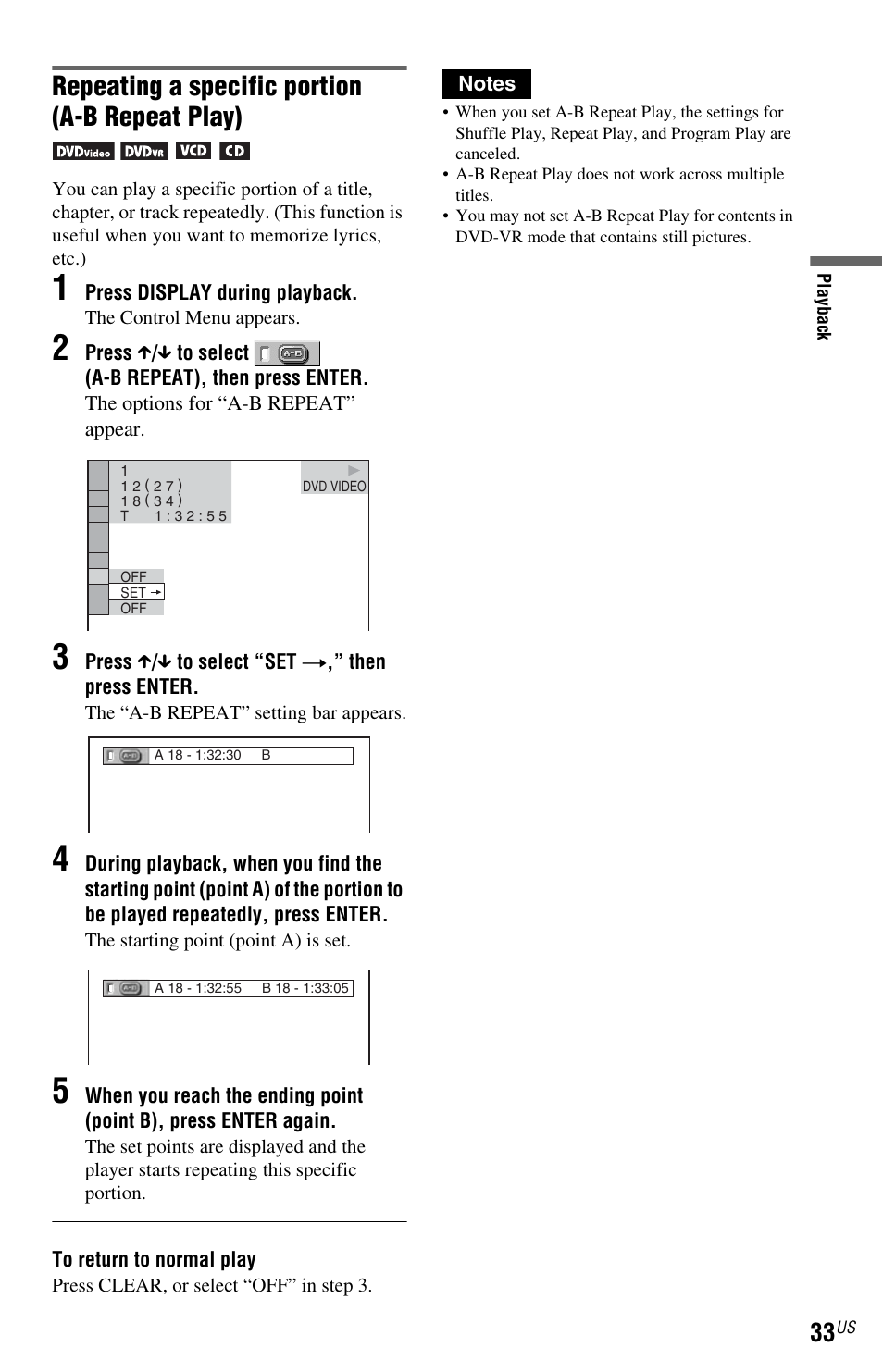 Repeating a specific portion (a-b repeat play) | Sony DVP-NC800H User Manual | Page 33 / 88