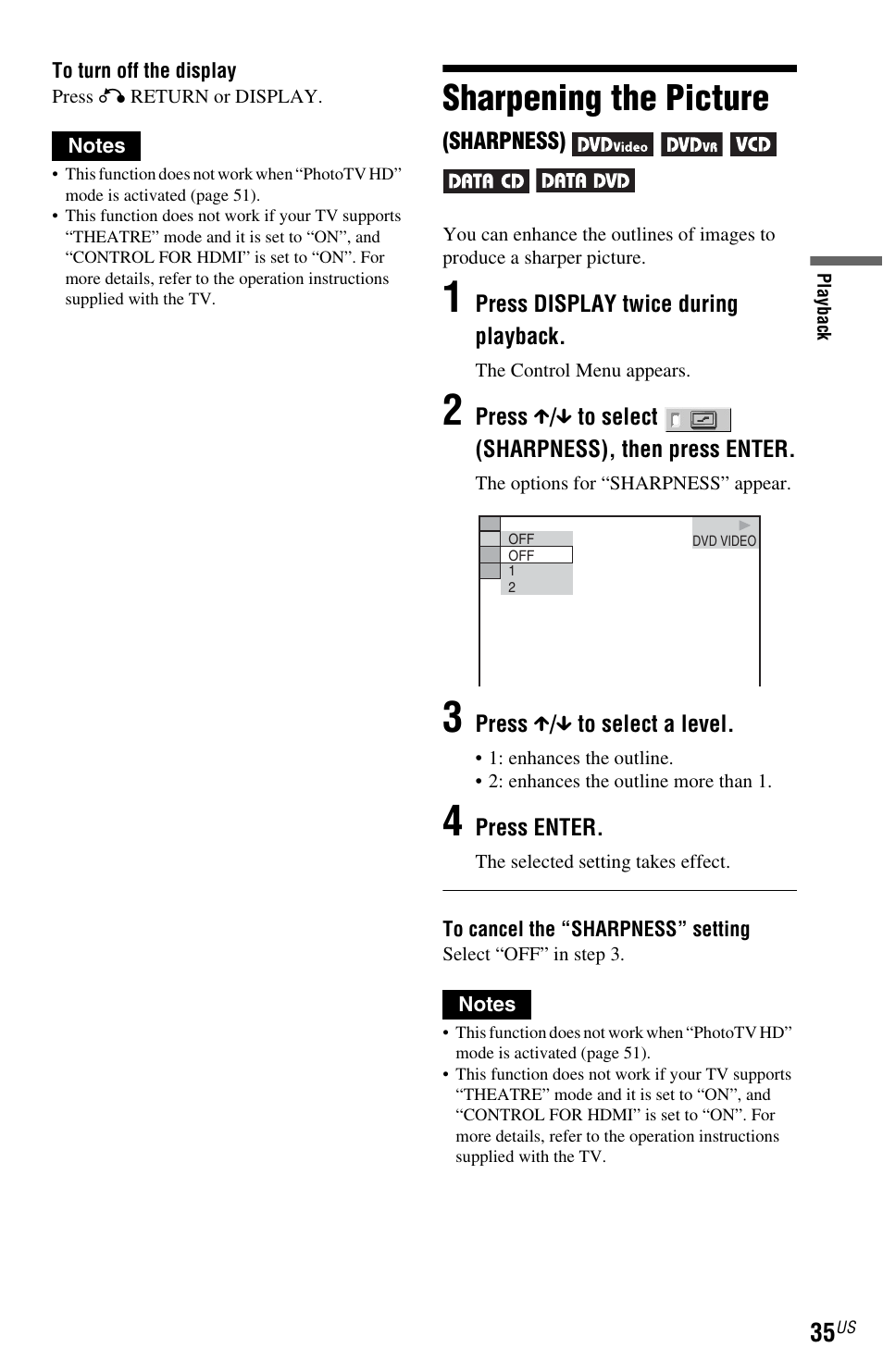 L1 - sharpening the picture (sharpness), Sharpening the picture (sh, Sharpening the picture | Sony DVP-NC800H User Manual | Page 35 / 88