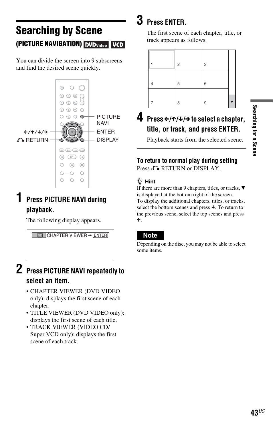 L1 - searching by scene (picture navigation), Searching by scene, Button (43, 49) | Sony DVP-NC800H User Manual | Page 43 / 88