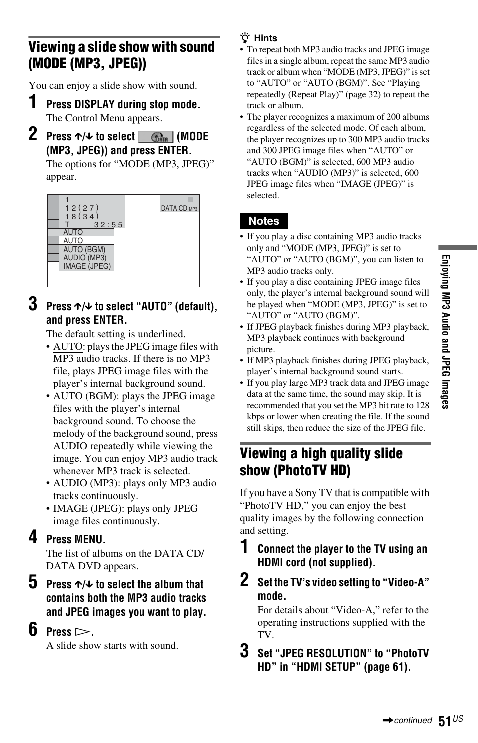 Viewing a slide show with sound (mode (mp3, jpeg)), Viewing a high quality slide show (phototv hd) | Sony DVP-NC800H User Manual | Page 51 / 88