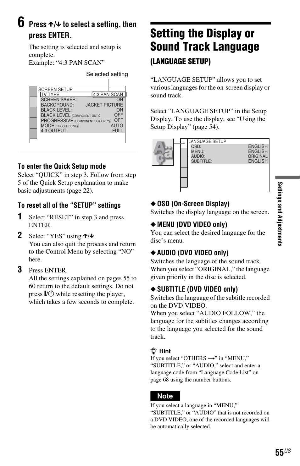 Setting the display or sound track language, Press x / x to select a setting, then press enter, Language setup) | Sony DVP-NC800H User Manual | Page 55 / 88