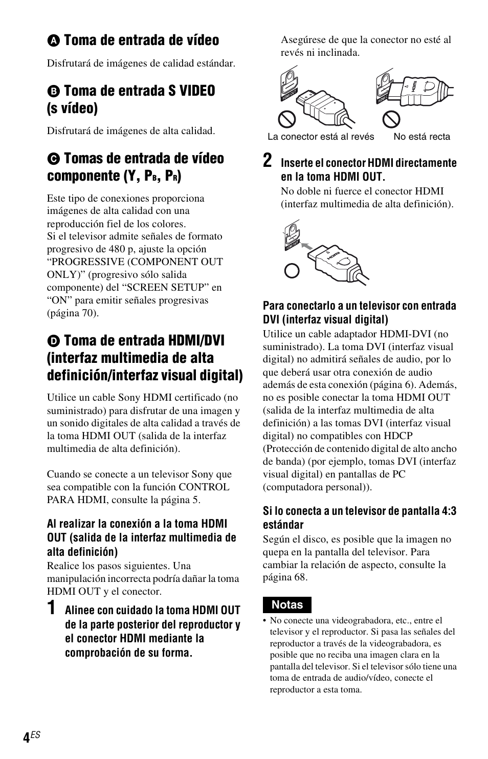 Toma de entrada de vídeo, Toma de entrada s video (s vídeo), Tomas de entrada de vídeo componente (y, p | Sony DVP-NC800H User Manual | Page 74 / 88