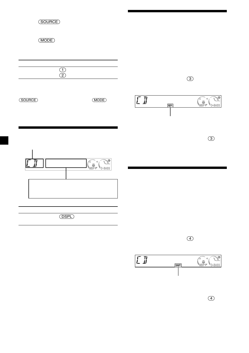 Display items, Playing tracks repeatedly — repeat play, Playing tracks in random order — shuffle play | Playing tracks repeatedly, Playing tracks in random order | Sony CDX-CA580X User Manual | Page 10 / 40