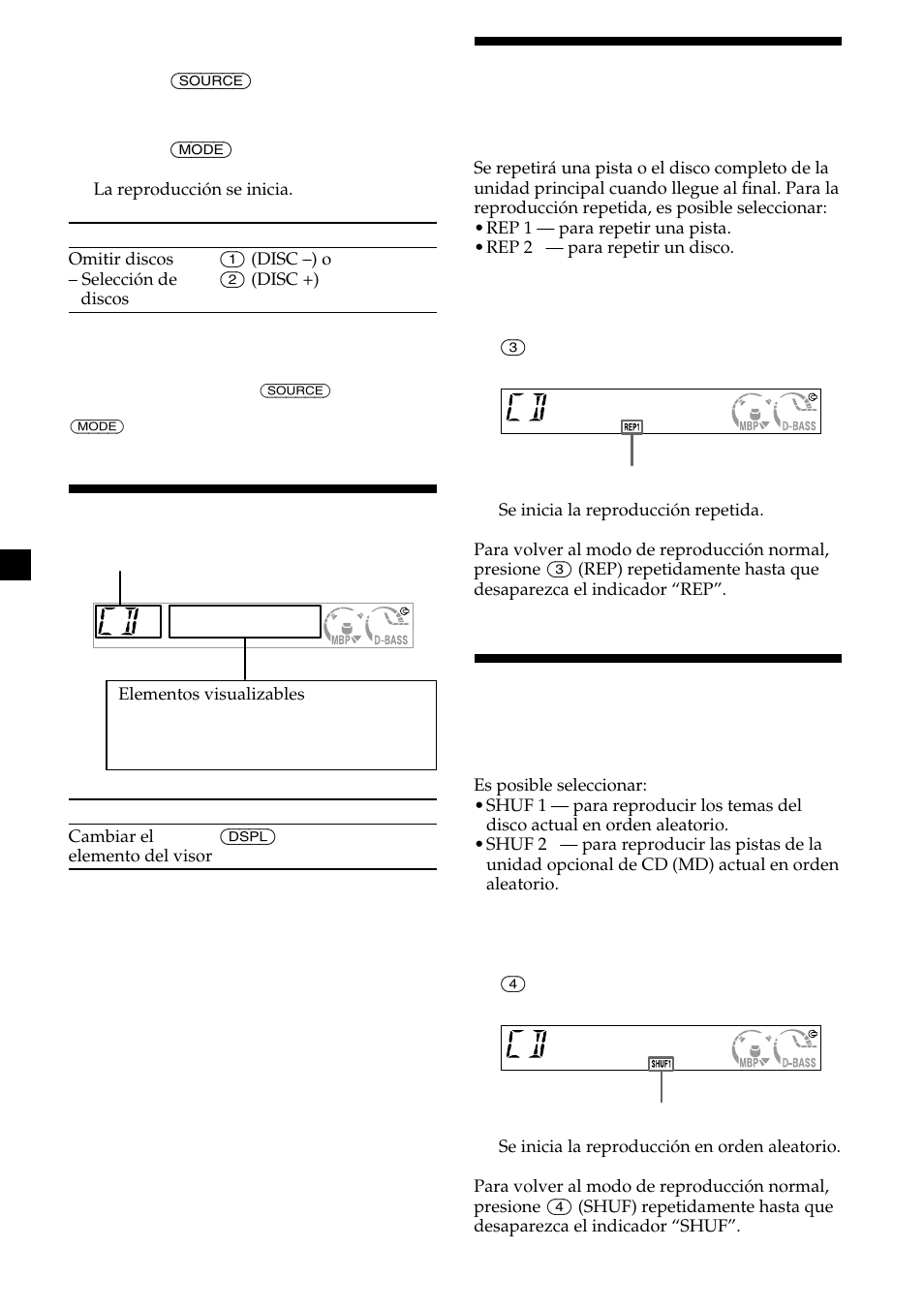 Elementos del visor, Reproducción repetida de temas, Reproducción de temas en orden aleatorio | Sony CDX-CA580X User Manual | Page 28 / 40