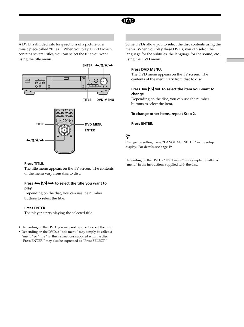 Using the menu for each dvd, Using the menu for each dvd 19 | Sony DVP-K330 User Manual | Page 19 / 72