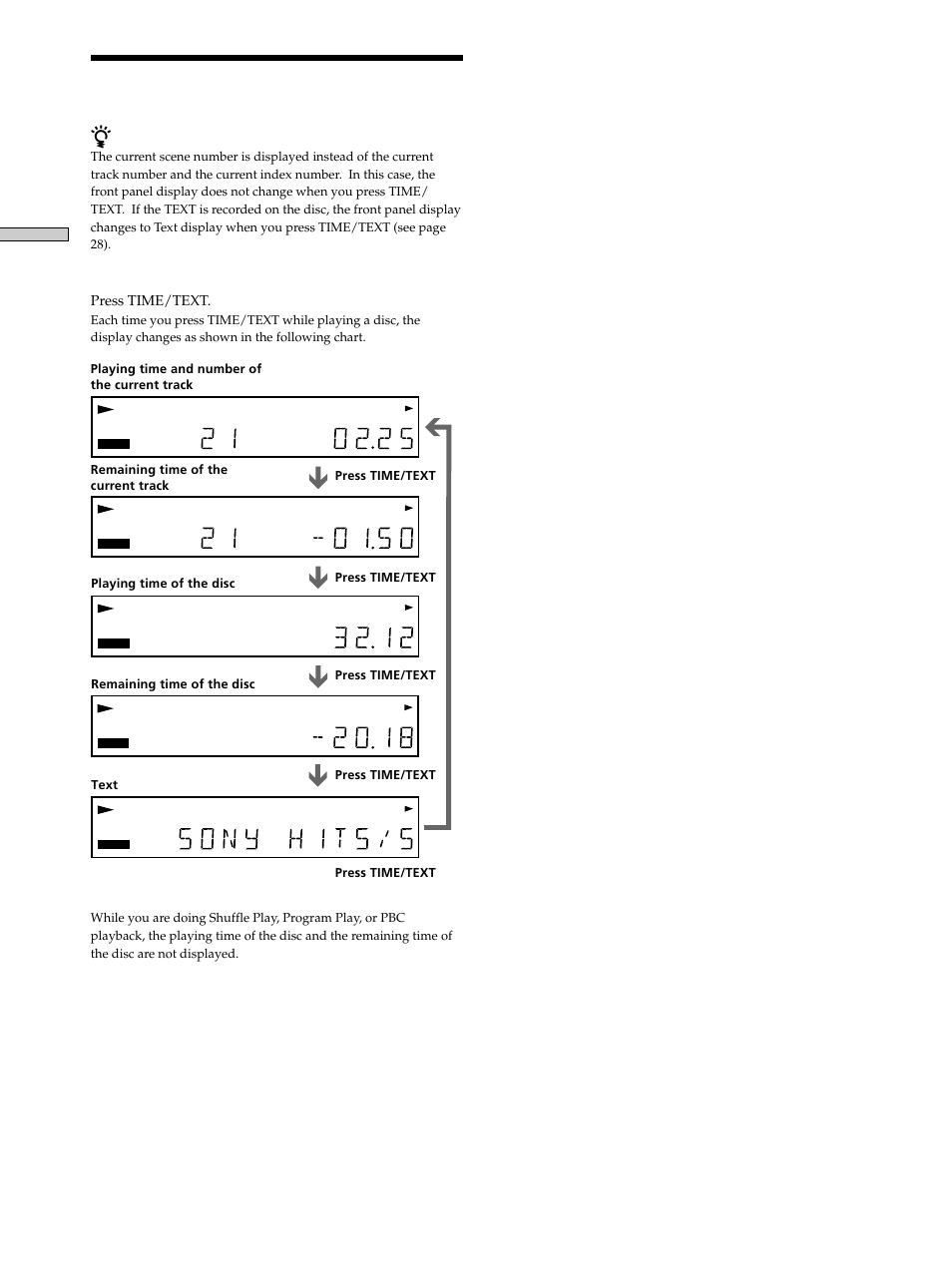 Using the front panel display, Playing discs, Checking the remaining time press time/text | When playing video cds with pbc functions | Sony DVP-K330 User Manual | Page 22 / 72