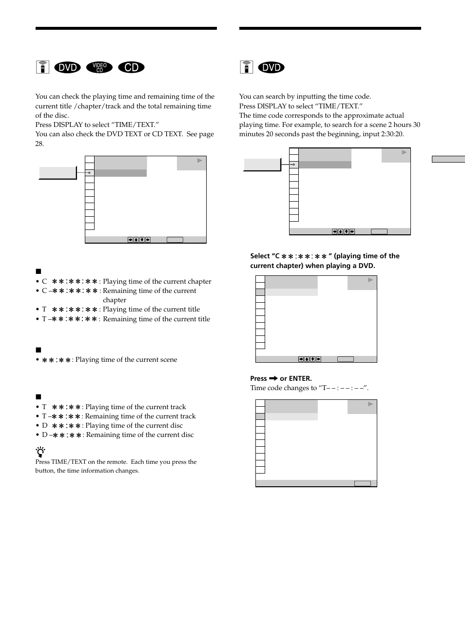 Checking the playing time and remaining time, Selecting a start point using the time code, Checking the playing time and remaining | Time 27, Selecting a start point using the time code 27, Checking the playing time and remaining time z, Selecting a start point using the time code z | Sony DVP-K330 User Manual | Page 27 / 72