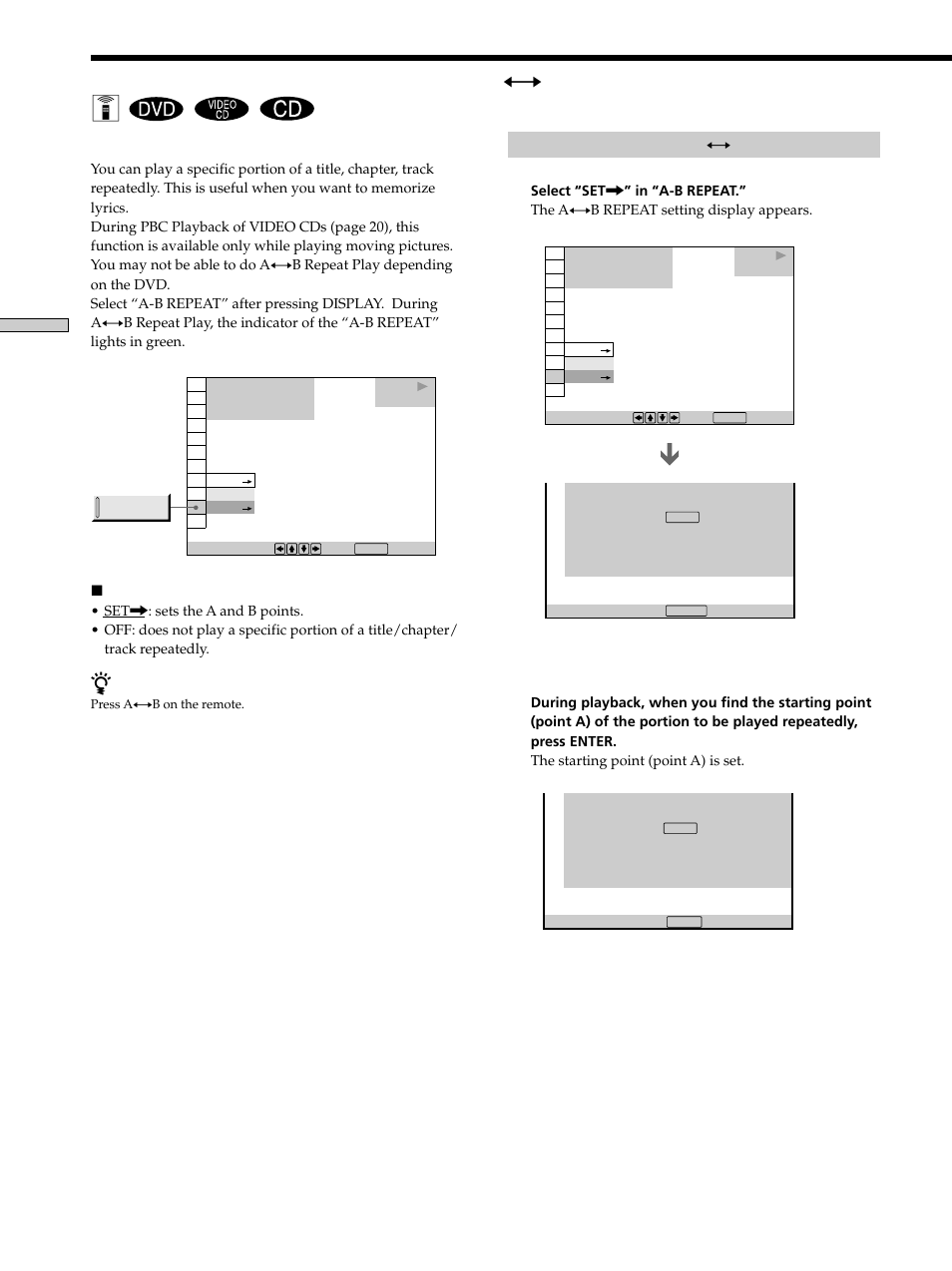 Repeating a specific portion (a˜b repeat), Repeating a specific portion (a˜b repeat) 36, Repeating a specific portion (a ˜ b repeat) z | Sony DVP-K330 User Manual | Page 36 / 72