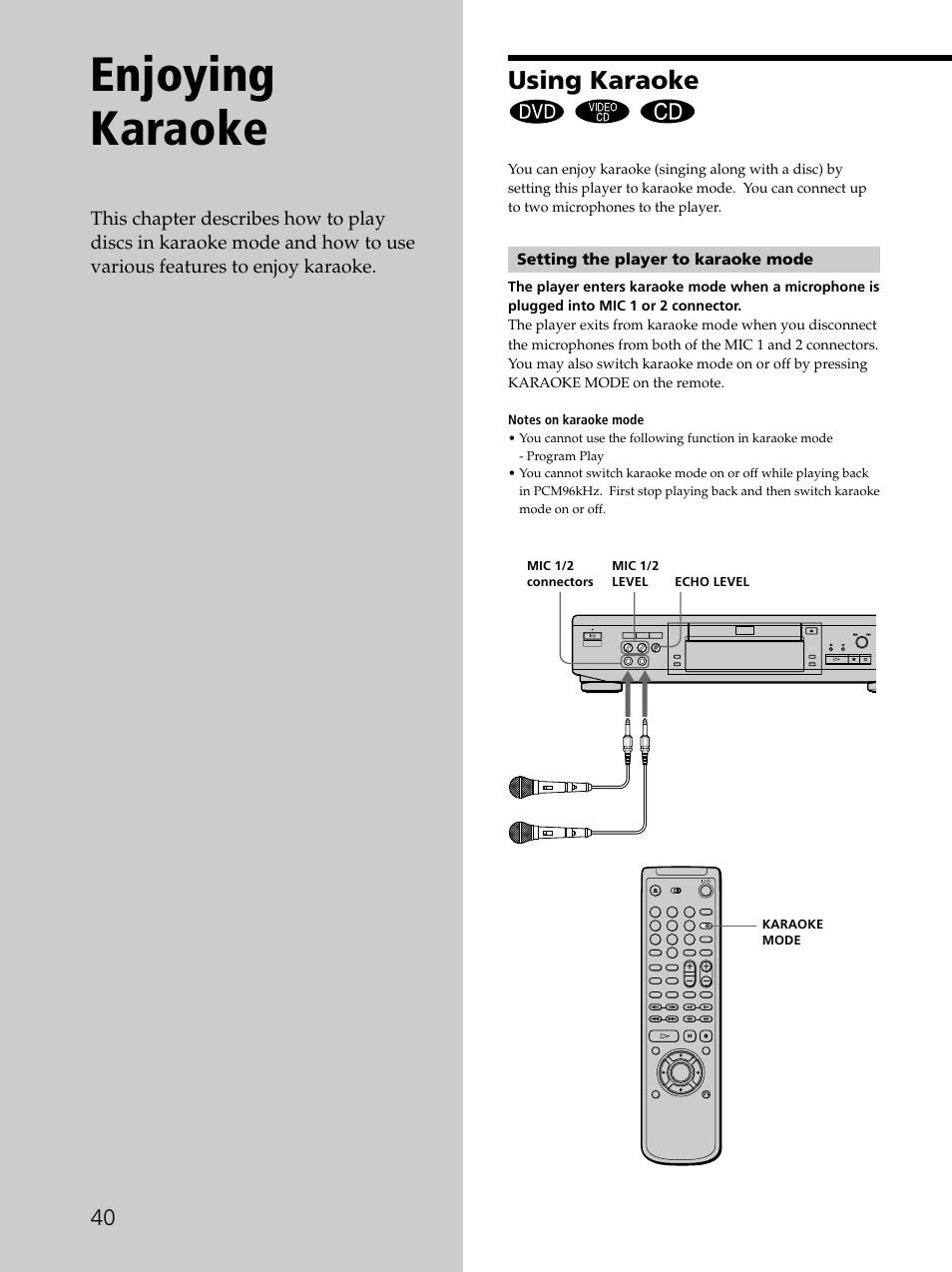 Enjoying karaoke, Using karaoke | Sony DVP-K330 User Manual | Page 40 / 72