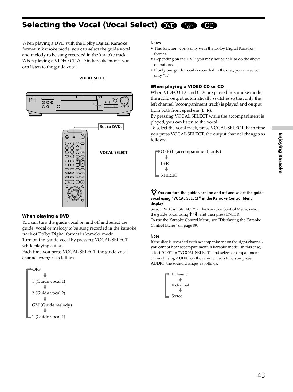 Selecting the vocal (vocal select) | Sony DVP-K330 User Manual | Page 43 / 72