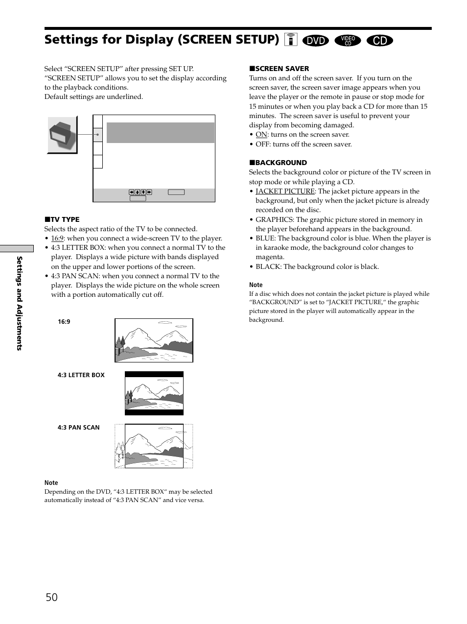 Settings for display (screen setup) z | Sony DVP-K330 User Manual | Page 50 / 72