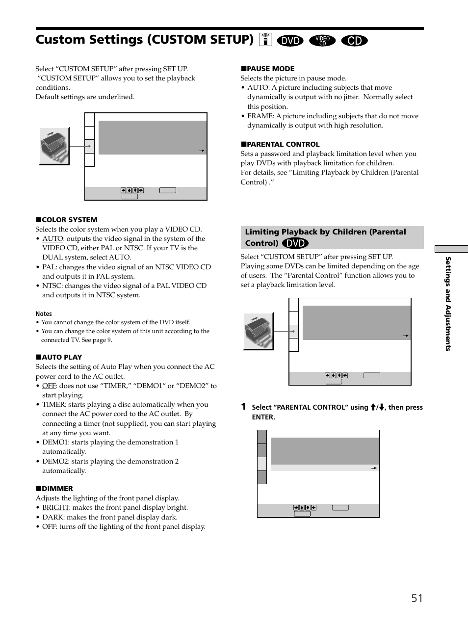 Custom settings (custom setup) z | Sony DVP-K330 User Manual | Page 51 / 72