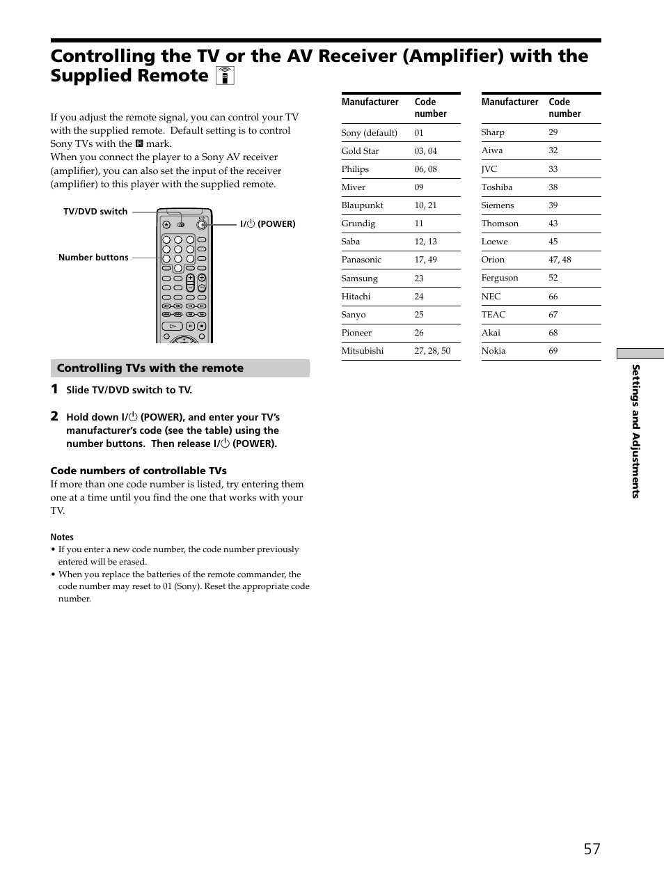 Controlling tvs with the remote | Sony DVP-K330 User Manual | Page 57 / 72