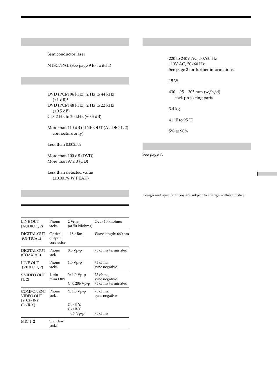 Specifications, Specifications 63 | Sony DVP-K330 User Manual | Page 63 / 72