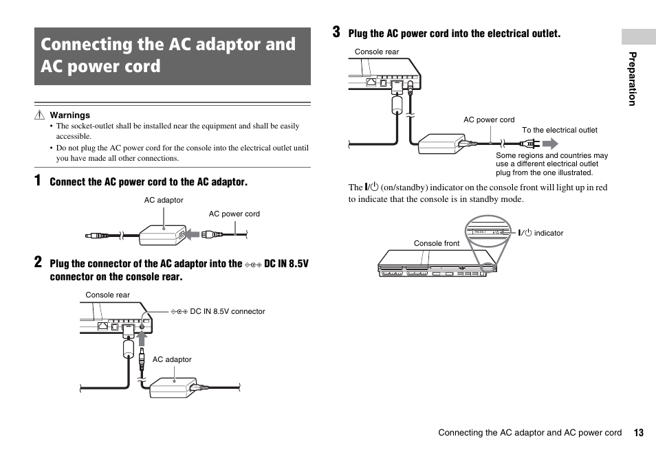 Connecting the ac adaptor and ac power cord | Sony SCPH-75002 User Manual | Page 13 / 56