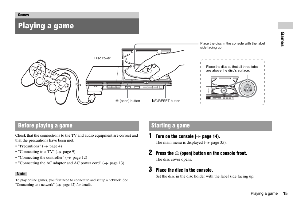 Games, Playing a game, Before playing a game starting a game | Sony SCPH-75002 User Manual | Page 15 / 56