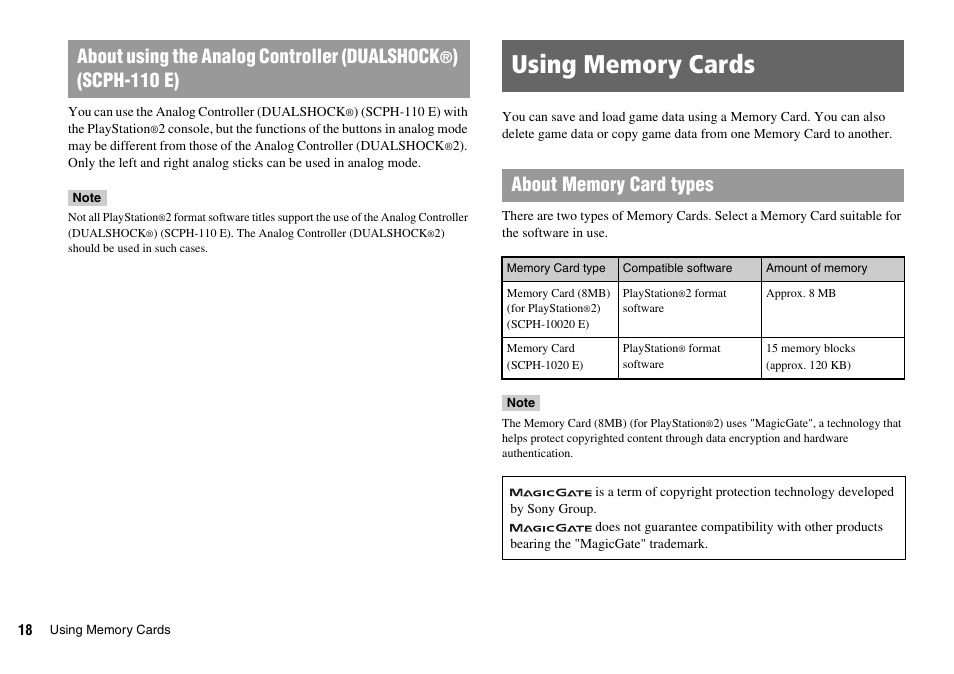 Using memory cards, About using the analog controller (dualshock, Scph-110 e) | Sony SCPH-75002 User Manual | Page 18 / 56