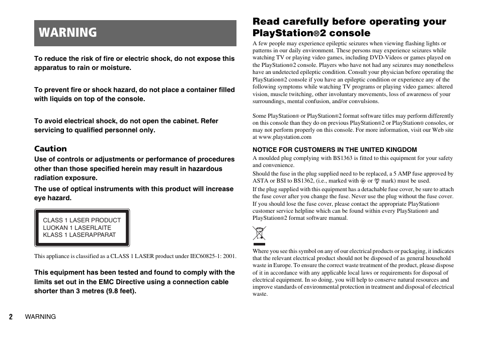 Warning, Read carefully before operating your playstation, 2 console | Sony SCPH-75002 User Manual | Page 2 / 56