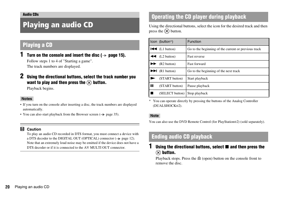 Audio cds, Playing an audio cd, Ending audio cd playback | Sony SCPH-75002 User Manual | Page 20 / 56