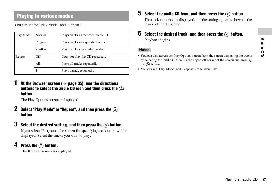 Playing in various modes | Sony SCPH-75002 User Manual | Page 21 / 56