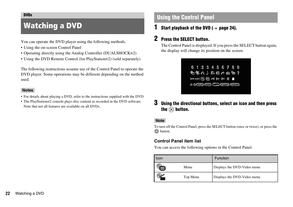 Dvds, Watching a dvd, Using the control panel | Sony SCPH-75002 User Manual | Page 22 / 56