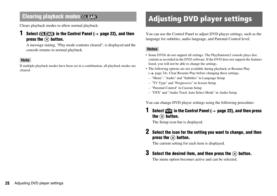 Adjusting dvd player settings, Clearing playback modes | Sony SCPH-75002 User Manual | Page 28 / 56