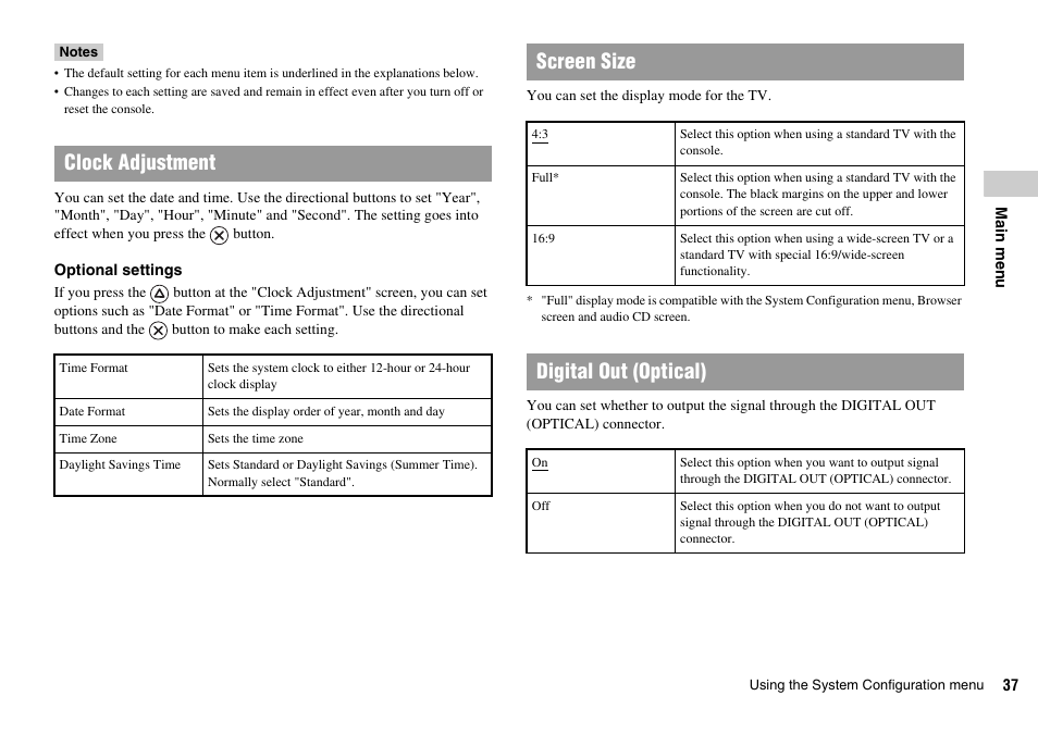 Clock adjustment, Screen size, Digital out (optical) | Sony SCPH-75002 User Manual | Page 37 / 56