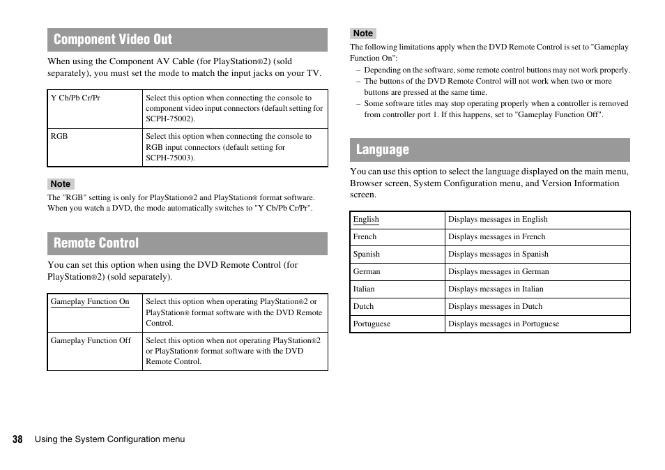 Component video out, Remote control, Language | Sony SCPH-75002 User Manual | Page 38 / 56