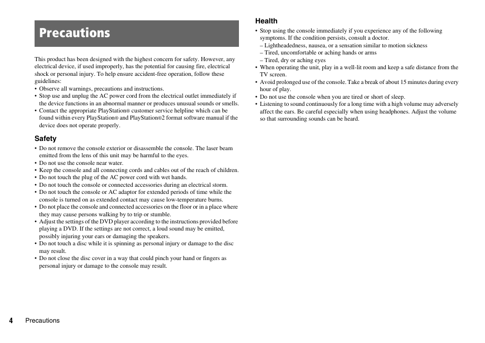 Precautions | Sony SCPH-75002 User Manual | Page 4 / 56