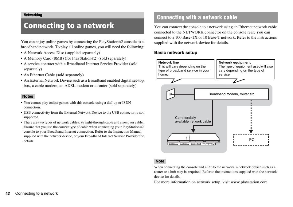 Networking, Connecting to a network, Connecting with a network cable | Sony SCPH-75002 User Manual | Page 42 / 56