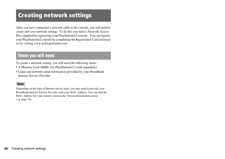 Creating network settings, Items you will need | Sony SCPH-75002 User Manual | Page 44 / 56