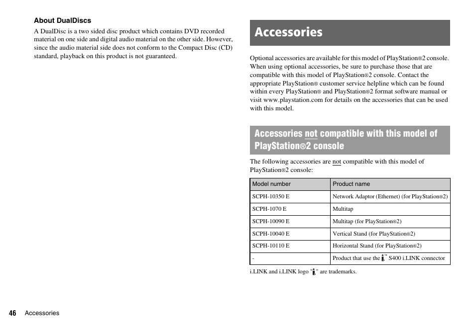 Accessories, 2 console | Sony SCPH-75002 User Manual | Page 46 / 56