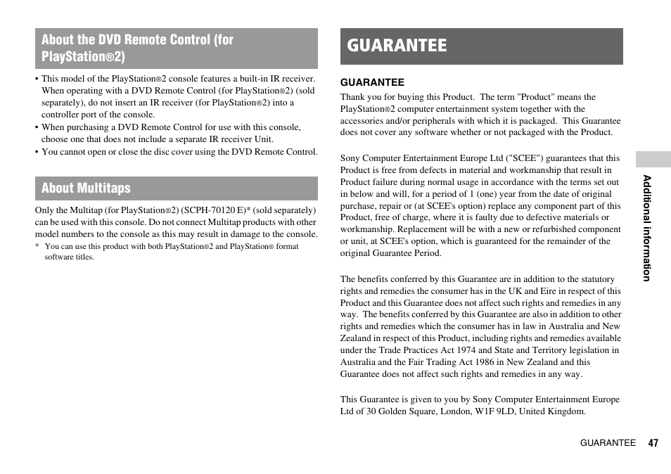 Guarantee, About the dvd remote control (for playstation, 2) about multitaps | Sony SCPH-75002 User Manual | Page 47 / 56