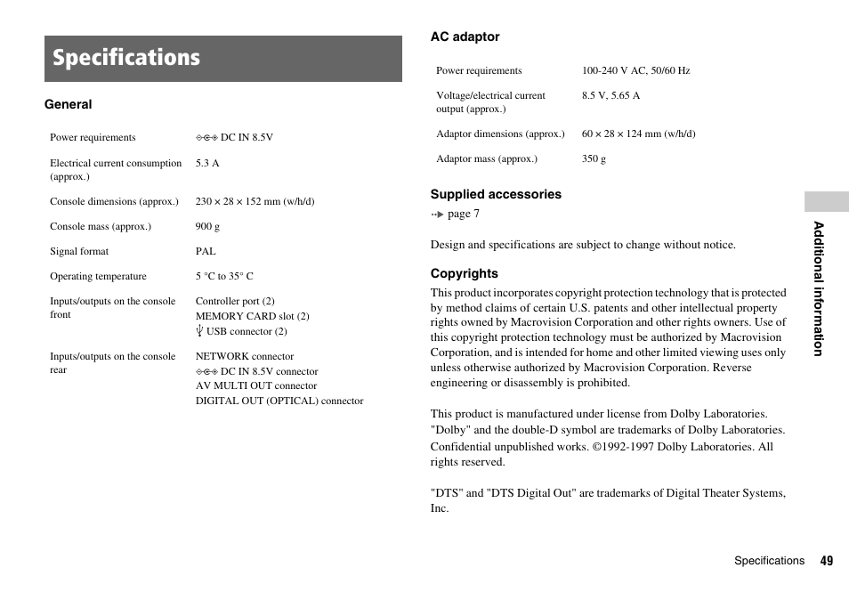 Specifications | Sony SCPH-75002 User Manual | Page 49 / 56